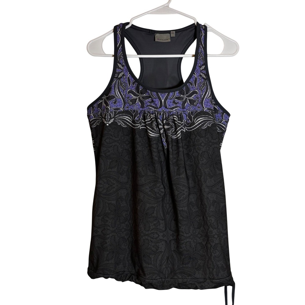 Athleta Women's Racerback Top Large Workout Drawstring‎ Black Purple